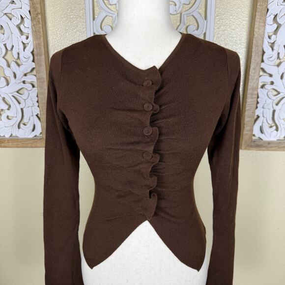 Zara | Wool & Silk Blend Cardigan Button Down Top Chocolate Brown Small - Picture 4 of 9